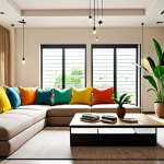 **Prompt:** A modern Malaysian living room featuring a modular sofa in neutral tones with pops of colour from cushions and artwork. Natural light streams in through a large window, reflected by a strategically placed mirror. Indoor plants add a touch of freshness.