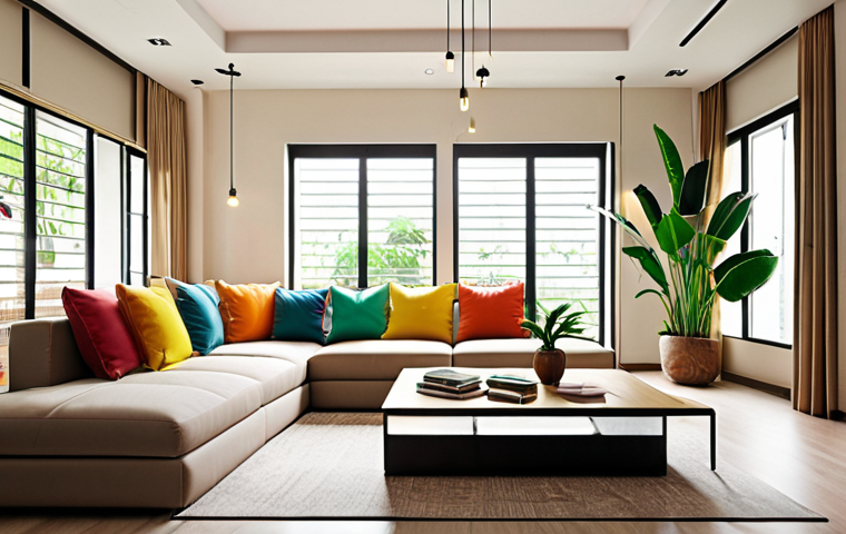 **Prompt:** A modern Malaysian living room featuring a modular sofa in neutral tones with pops of colour from cushions and artwork. Natural light streams in through a large window, reflected by a strategically placed mirror. Indoor plants add a touch of freshness.
