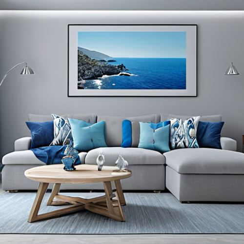 Home 9 **Prompt:** "Soft gray living room with blue sea accent pillows, creating a calm and elegant atmosphere, multi-functional space, natural lighting."