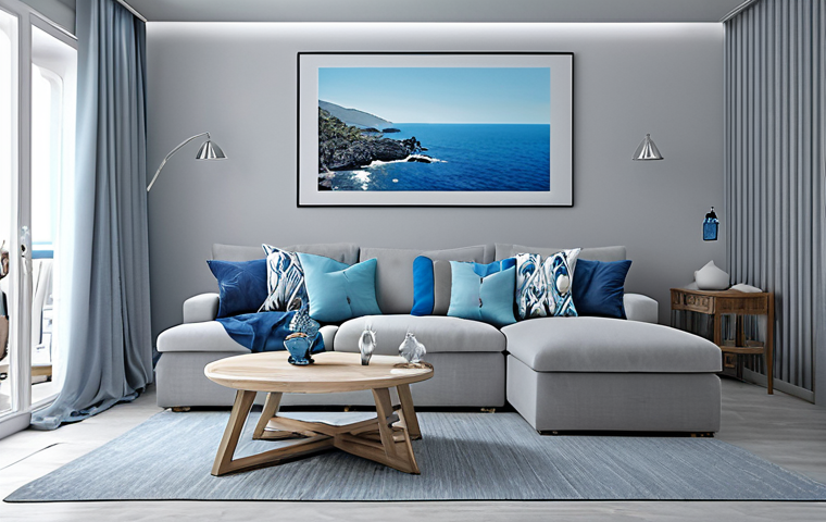 **Prompt:** "Soft gray living room with blue sea accent pillows, creating a calm and elegant atmosphere, multi-functional space, natural lighting."