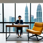 A professional individual in modest business casual attire, fully clothed, sitting at a compact, foldable desk in a contemporary, sunlit urban apartment living room in Kuala Lumpur. The versatile space is designed for multi-functionality, featuring a sleek, modular sofa that suggests easy transformation into a comfortable lounge area. The background includes a large window offering a view of a modern city skyline. The overall aesthetic is clean, minimalist, and highly organized, conveying productivity and adaptable living. perfect anatomy, correct proportions, natural pose, well-formed hands, proper finger count, natural body proportions, professional photography, high quality, safe for work, appropriate content, family-friendly.