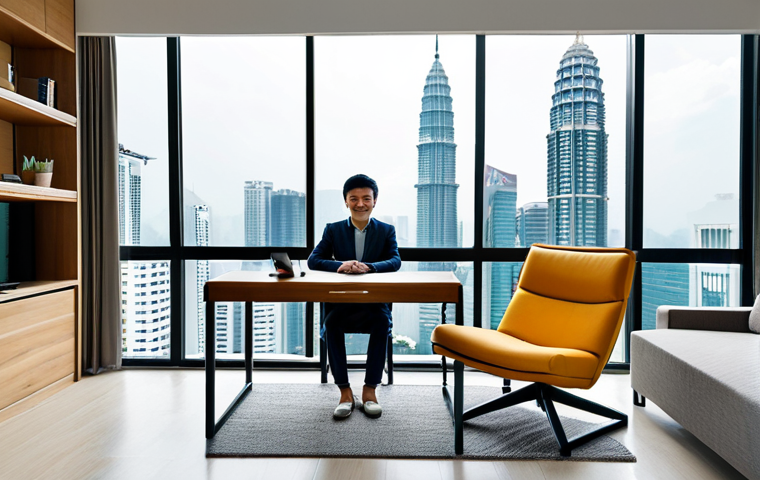 A professional individual in modest business casual attire, fully clothed, sitting at a compact, foldable desk in a contemporary, sunlit urban apartment living room in Kuala Lumpur. The versatile space is designed for multi-functionality, featuring a sleek, modular sofa that suggests easy transformation into a comfortable lounge area. The background includes a large window offering a view of a modern city skyline. The overall aesthetic is clean, minimalist, and highly organized, conveying productivity and adaptable living. perfect anatomy, correct proportions, natural pose, well-formed hands, proper finger count, natural body proportions, professional photography, high quality, safe for work, appropriate content, family-friendly.