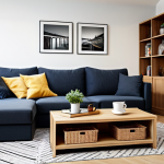 **

"A cozy living room with multi-functional furniture, like a sofa bed and a coffee table that can be raised. Smart storage solutions with high shelves, baskets and boxes are visible. Fully clothed, appropriate attire, safe for work, family-friendly, perfect anatomy, natural proportions, high quality, professional photography, well-formed hands."

**
