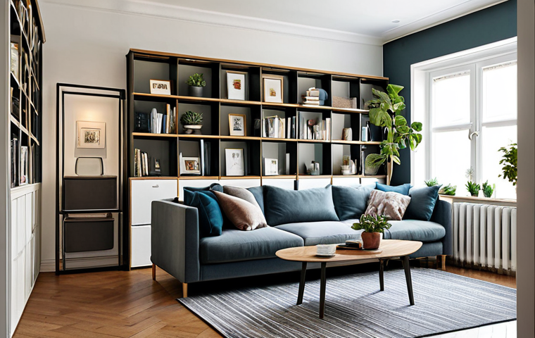 **

A stylish and organized living room featuring a modular sofa arranged as seating, a folded table cleverly tucked away, and a bookcase serving as a subtle room divider. The space has a warm, inviting atmosphere with layered lighting including a floor lamp and decorative wall sconces. Add personal touches with framed artwork and potted plants. safe for work, appropriate content, fully clothed, modest, family-friendly, perfect anatomy, natural proportions, professional photography, high quality.

**