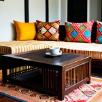 플렉스 리빙 공간에서의 텍스처 사용법 - **

"A cozy Malaysian living room, featuring a dark wood coffee table with a hand-woven rattan mat, ...