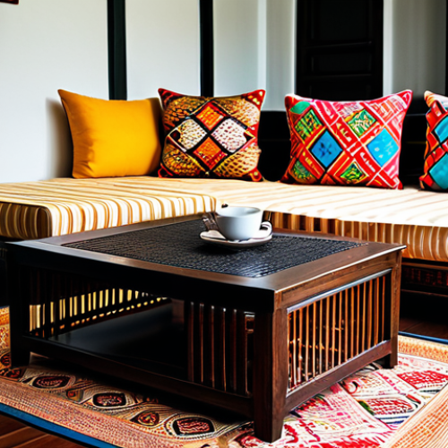 플렉스 리빙 공간에서의 텍스처 사용법 - **

"A cozy Malaysian living room, featuring a dark wood coffee table with a hand-woven rattan mat, ...