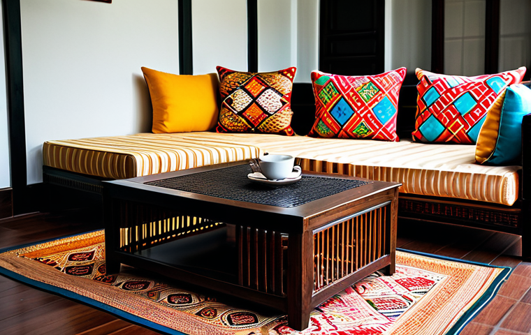 플렉스 리빙 공간에서의 텍스처 사용법 - **

"A cozy Malaysian living room, featuring a dark wood coffee table with a hand-woven rattan mat, ...